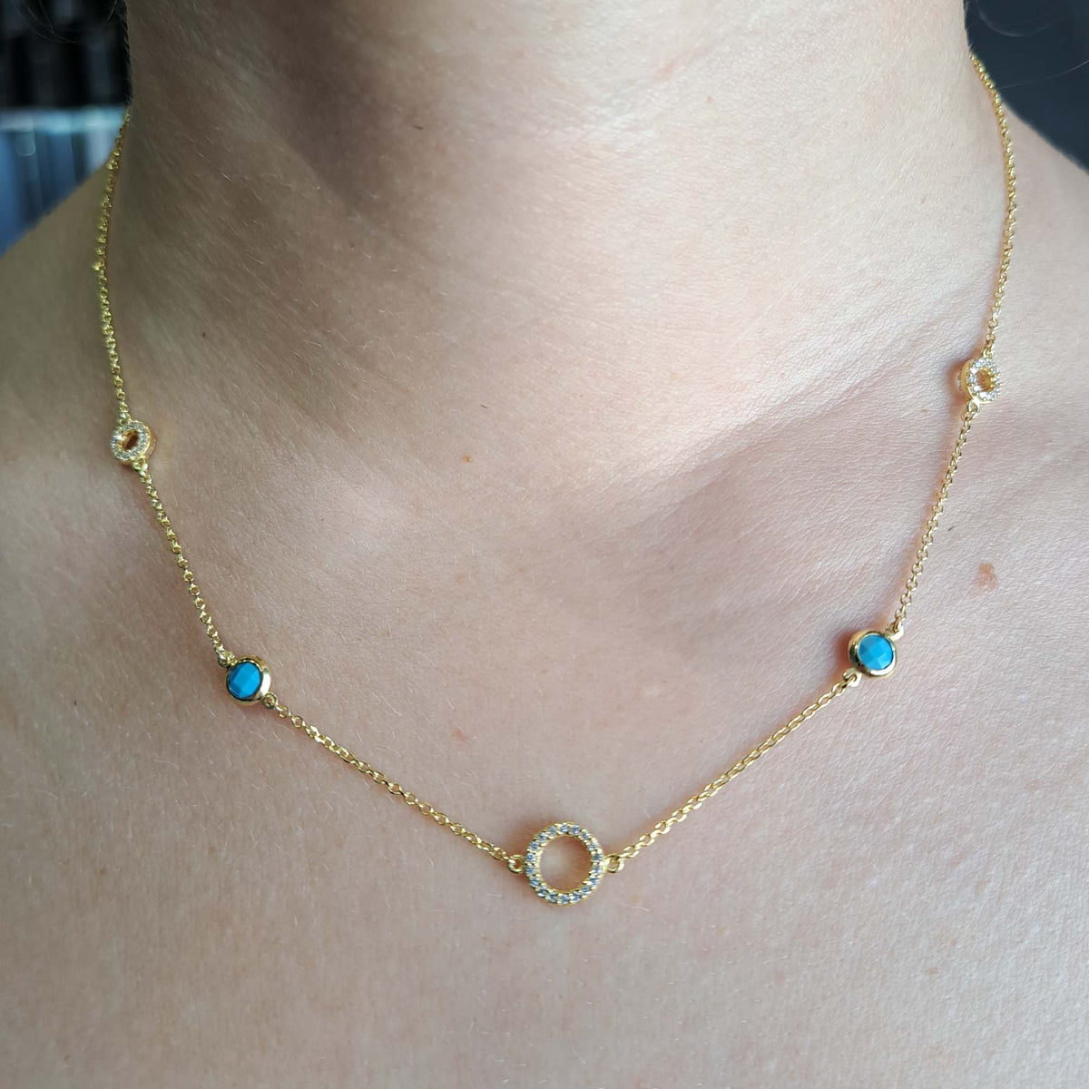 Vernus | Ponza Necklace | Turquoise Cz &amp; White Cz | Gold Plated 925 Silver