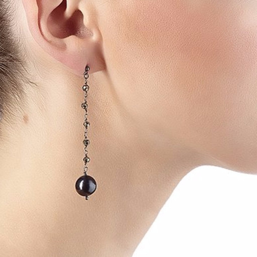 Argentum Extremis Single Drop Earring - Pyrite & Black Pearl - Black Rhodium Plated Silver - Spirito Rosa | Βραβευμένα Κοσμήματα σε Απίστευτες Τιμές