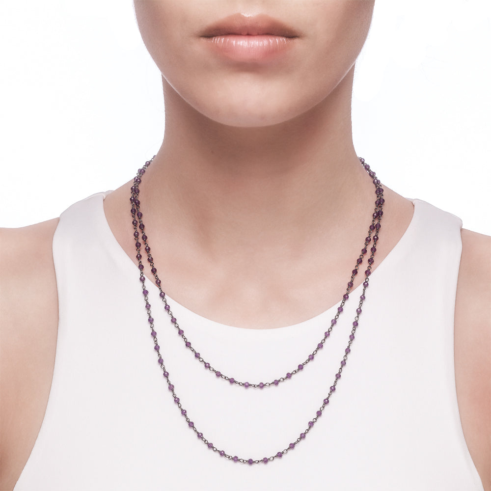Argentum Long Necklace - Amethyst - Black Rhodium Plated Silver