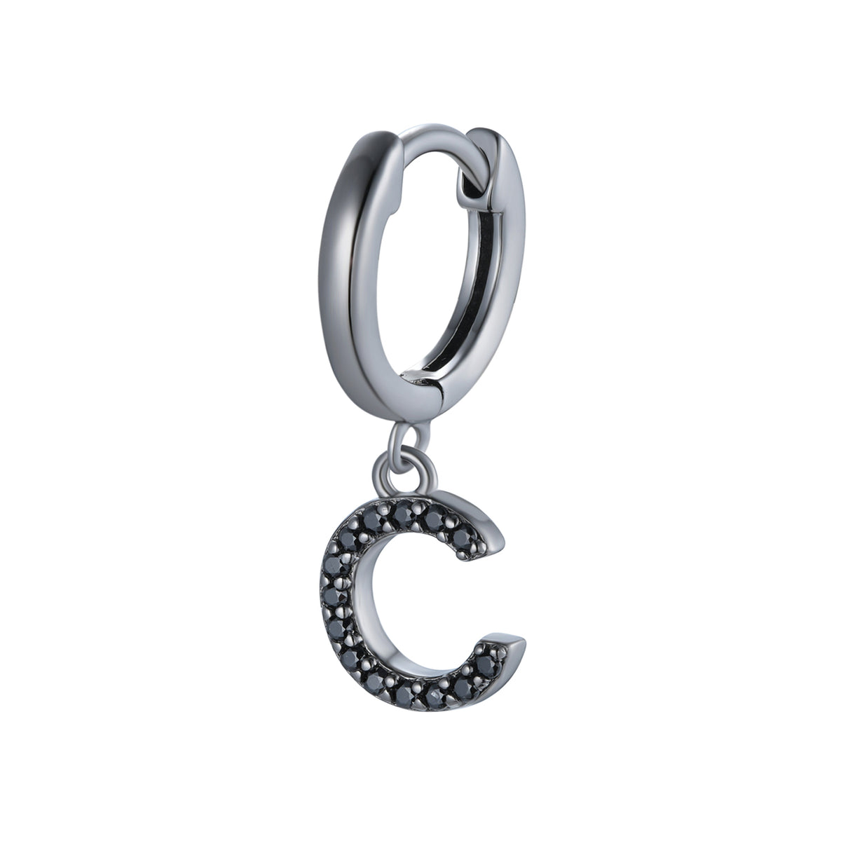 Magna | C Letter Single Earring | Black CZ | Black Rhodium Plated 925 Silver