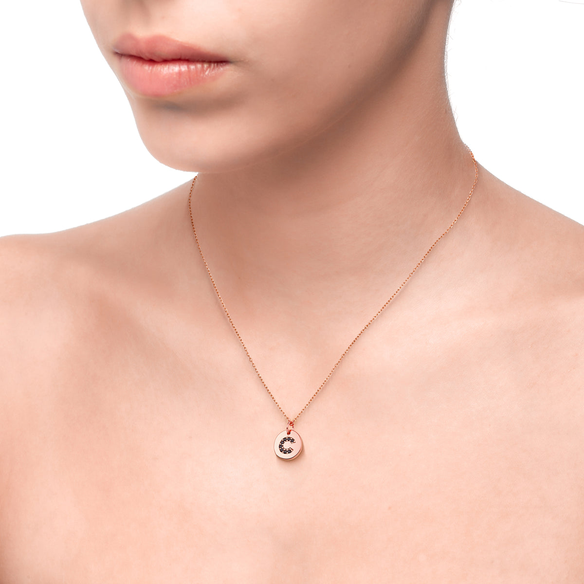 Magna | C Letter Necklace | Black CZ | Rose Gold Plated 925 Silver