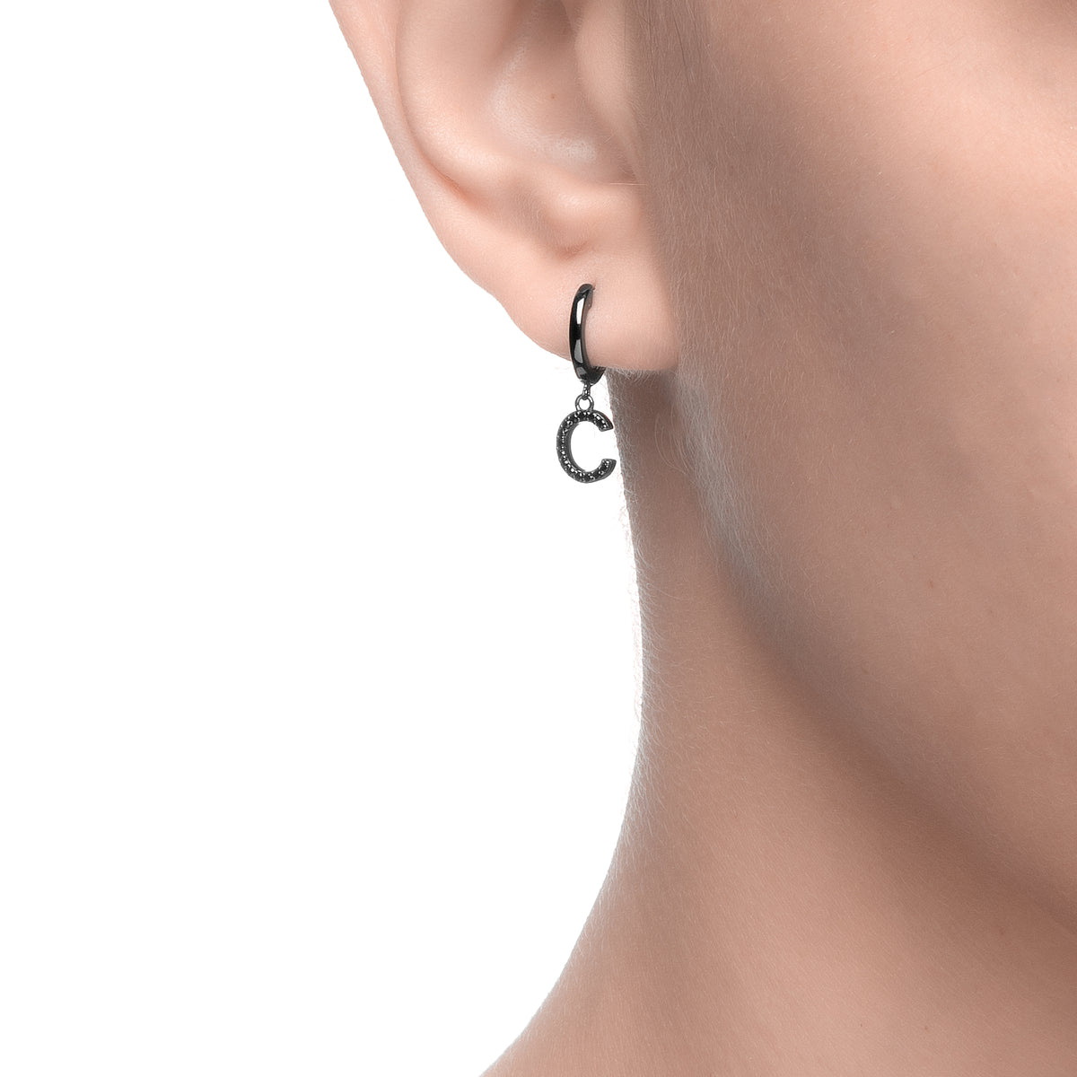 Magna | C Letter Single Earring | Black CZ | Black Rhodium Plated 925 Silver