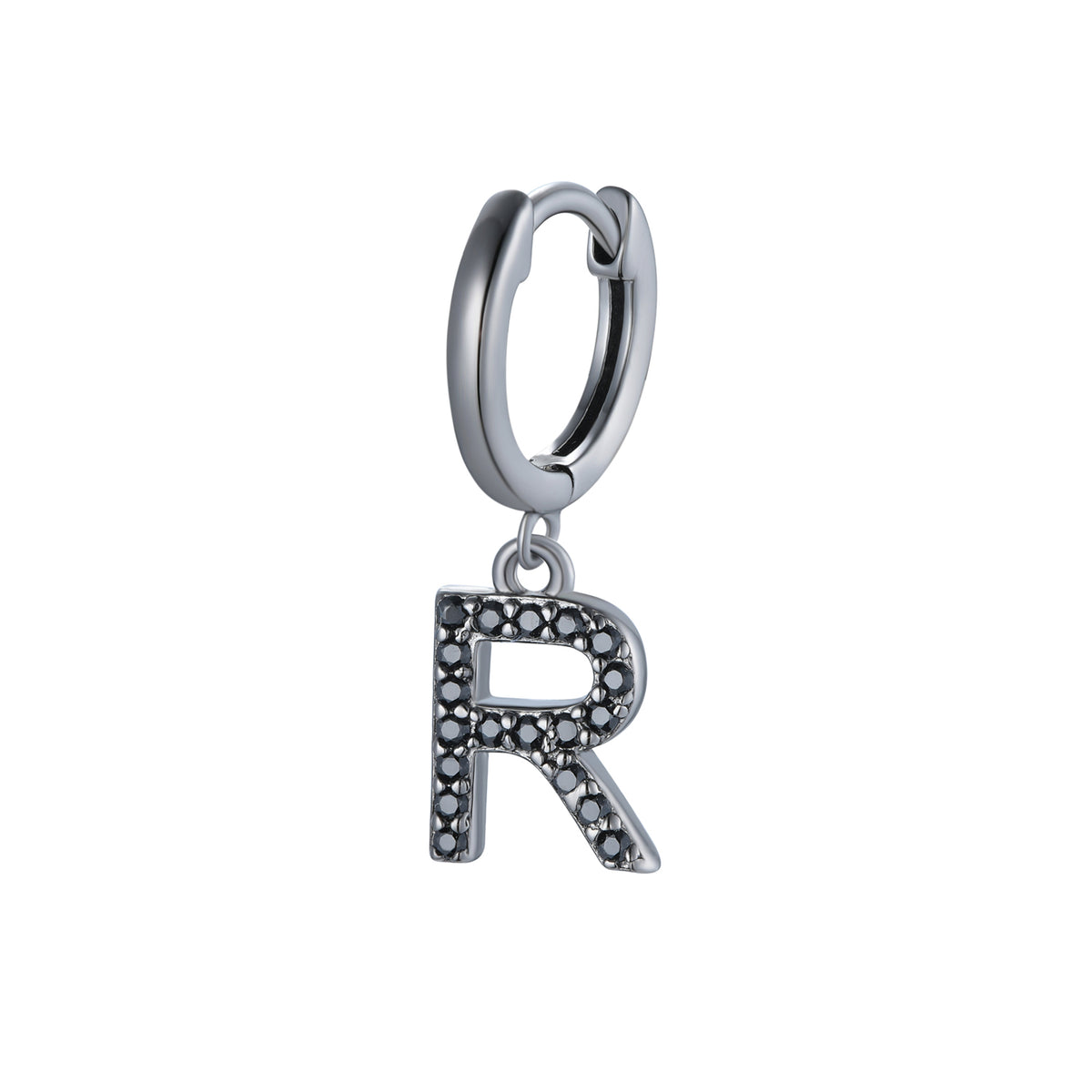 Magna | R Letter Single Earring | Black CZ | Black Rhodium Plated 925 Silver