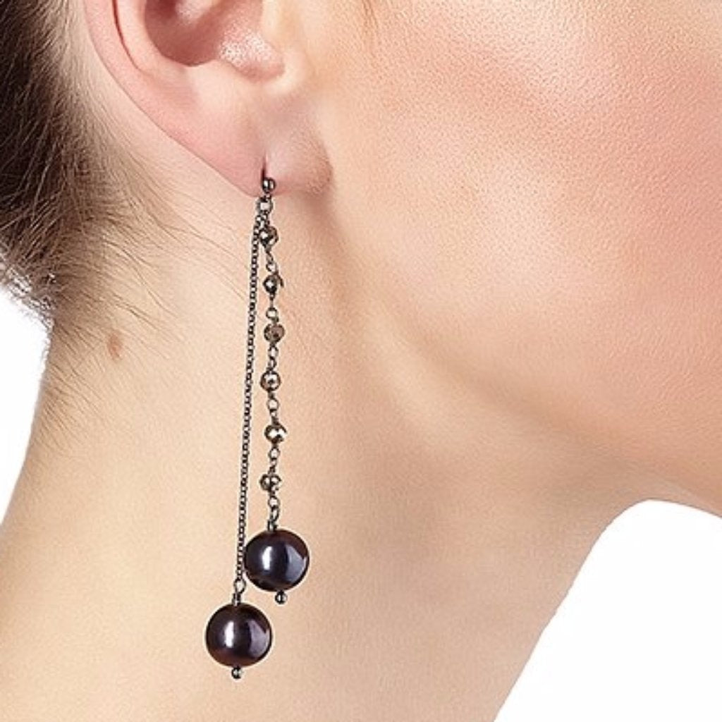Argentum Extremis Double Drop Earring - Pyrite &amp; Black Pearl - Black Rhodium Plated Silver - Spirito Rosa | Βραβευμένα Κοσμήματα σε Απίστευτες Τιμές