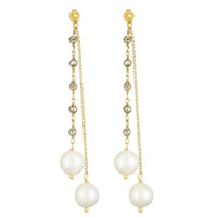 Argentum Extremis Double Drop Earring - Pyrite & White Pearl - Gold Plated Silver - Spirito Rosa | Βραβευμένα Κοσμήματα σε Απίστευτες Τιμές