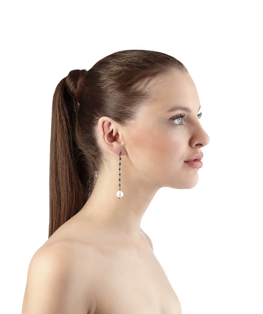 Argentum Extremis Single Drop Earring - Black Spinel & White Pearl - Black Rhodium Plated Silver - Spirito Rosa | Βραβευμένα Κοσμήματα σε Απίστευτες Τιμές