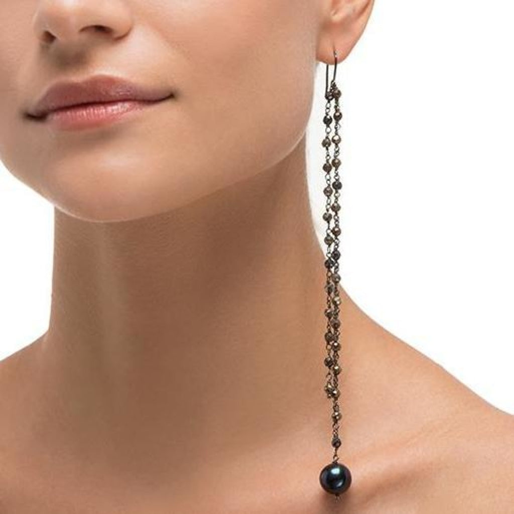 Chain Drop Earring - Black Pearl &amp; Pyrite - Black Rhodium Plated Silver - Spirito Rosa | Βραβευμένα Κοσμήματα σε Απίστευτες Τιμές