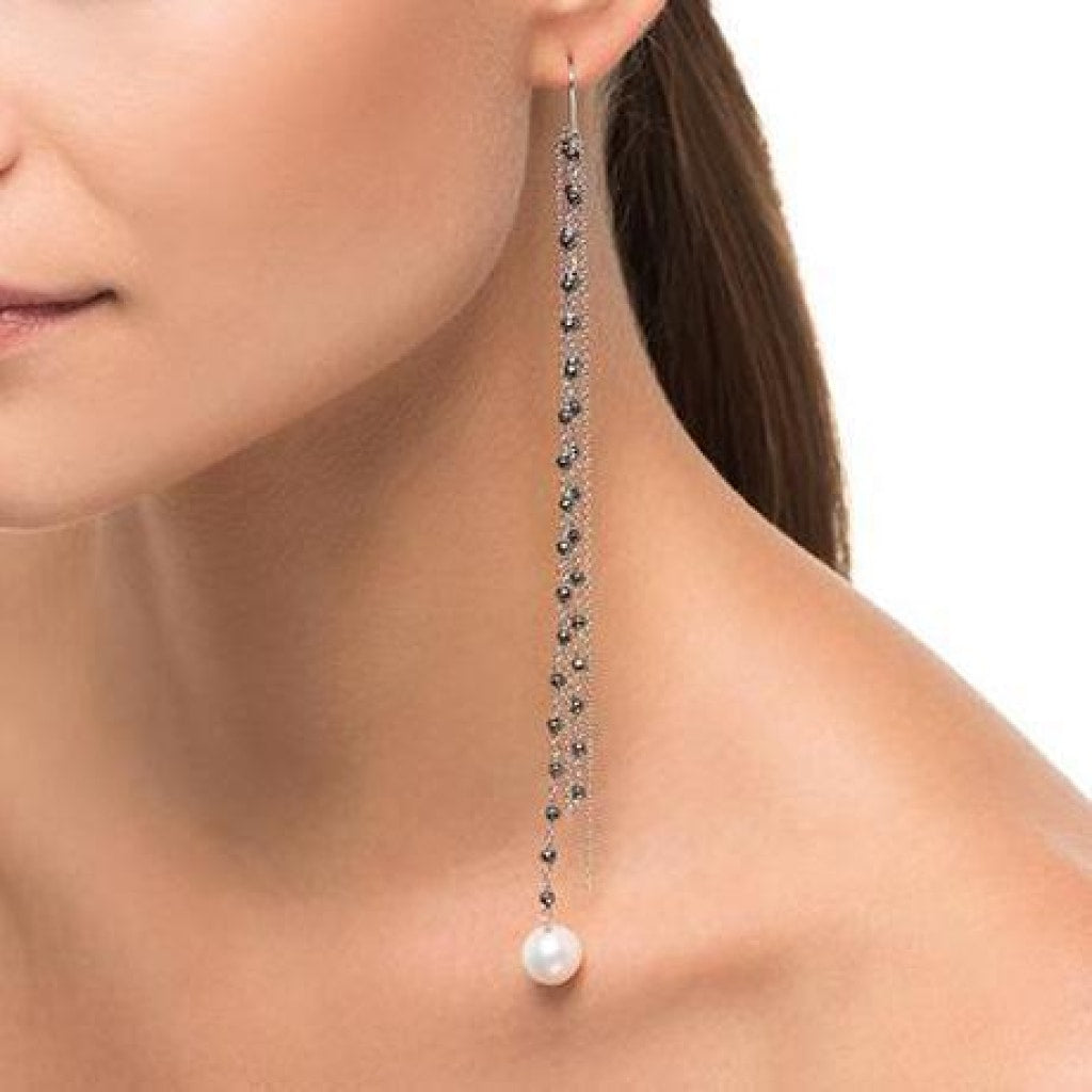 Chain Drop Earring - White Pearl & Hematite - White Rhodium Plated Silver - Spirito Rosa | Βραβευμένα Κοσμήματα σε Απίστευτες Τιμές