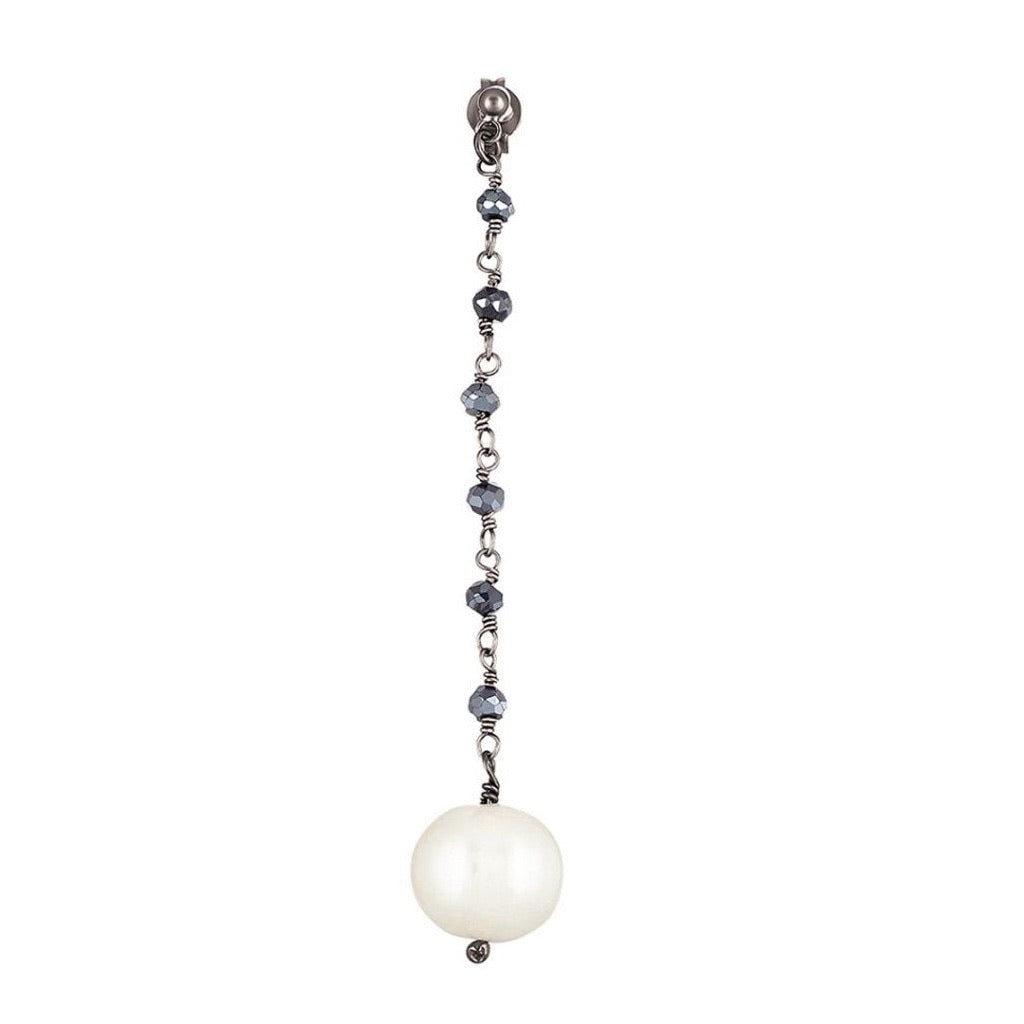Argentum Extremis Single Drop Earring - Black Spinel &amp; White Pearl - Black Rhodium Plated Silver