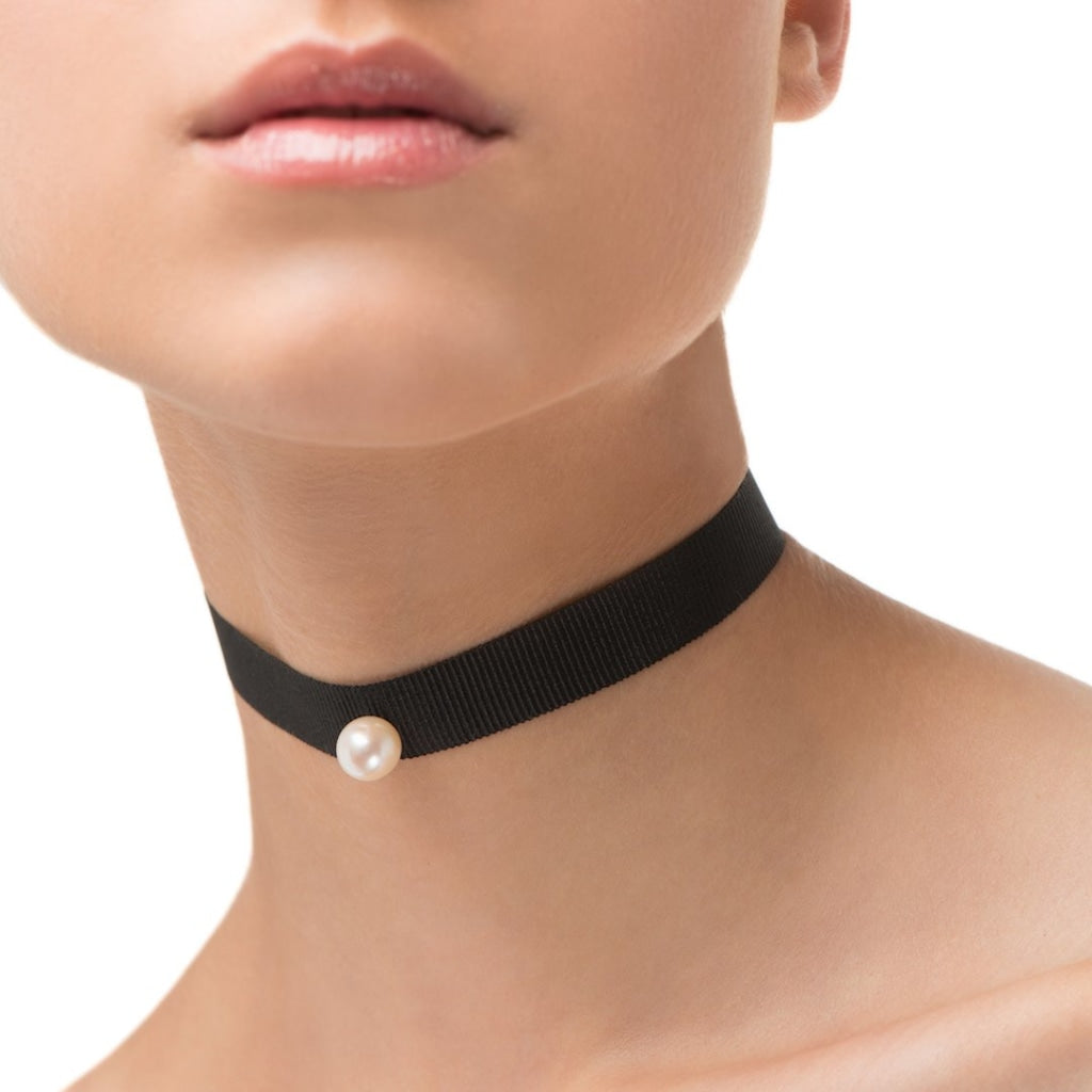 Omnia Solitaire Choker - White Pearl - Black Ribbon - Spirito Rosa | Βραβευμένα Κοσμήματα σε Απίστευτες Τιμές