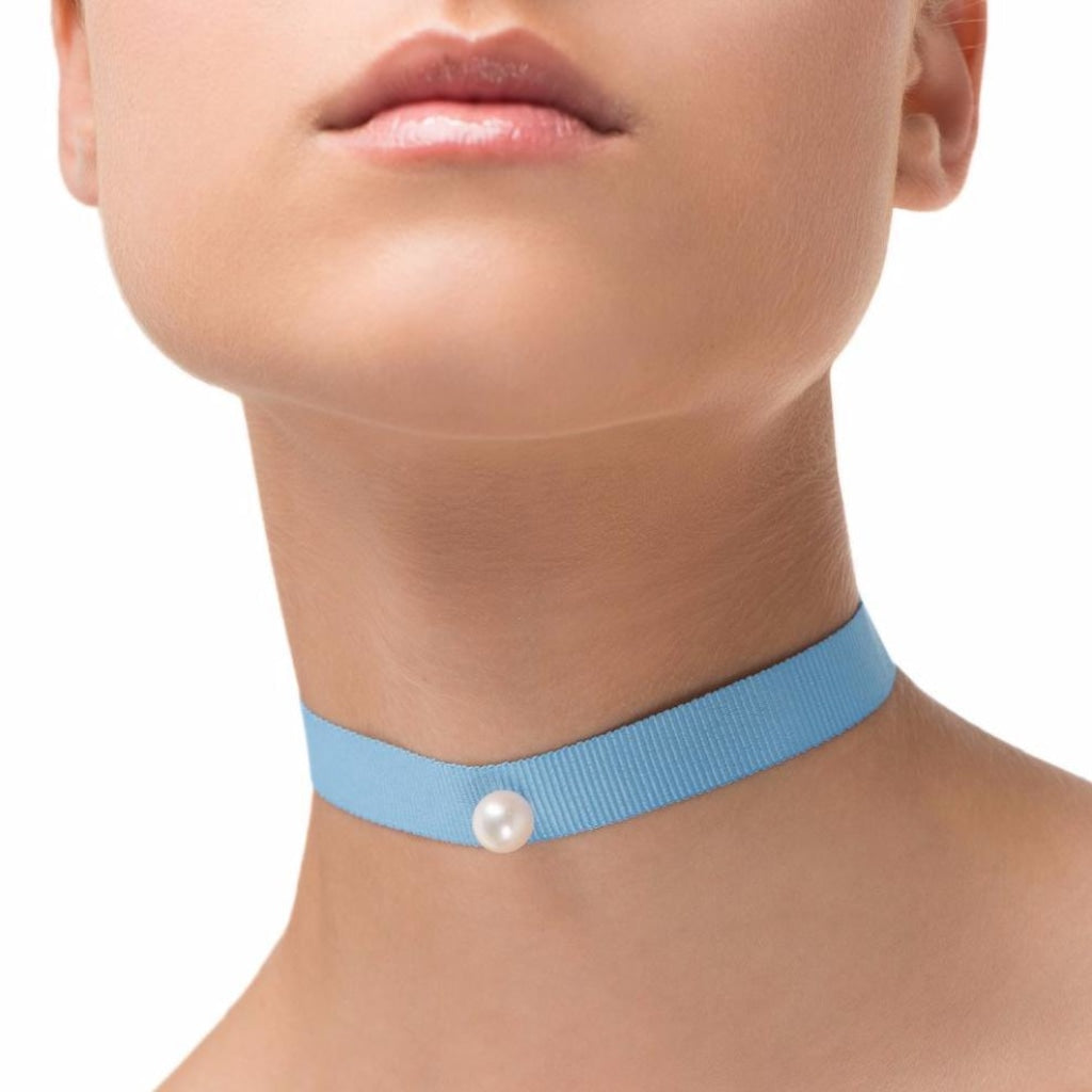 Omnia Solitaire Choker - White Pearl - Light Blue Ribbon - Spirito Rosa | Βραβευμένα Κοσμήματα σε Απίστευτες Τιμές