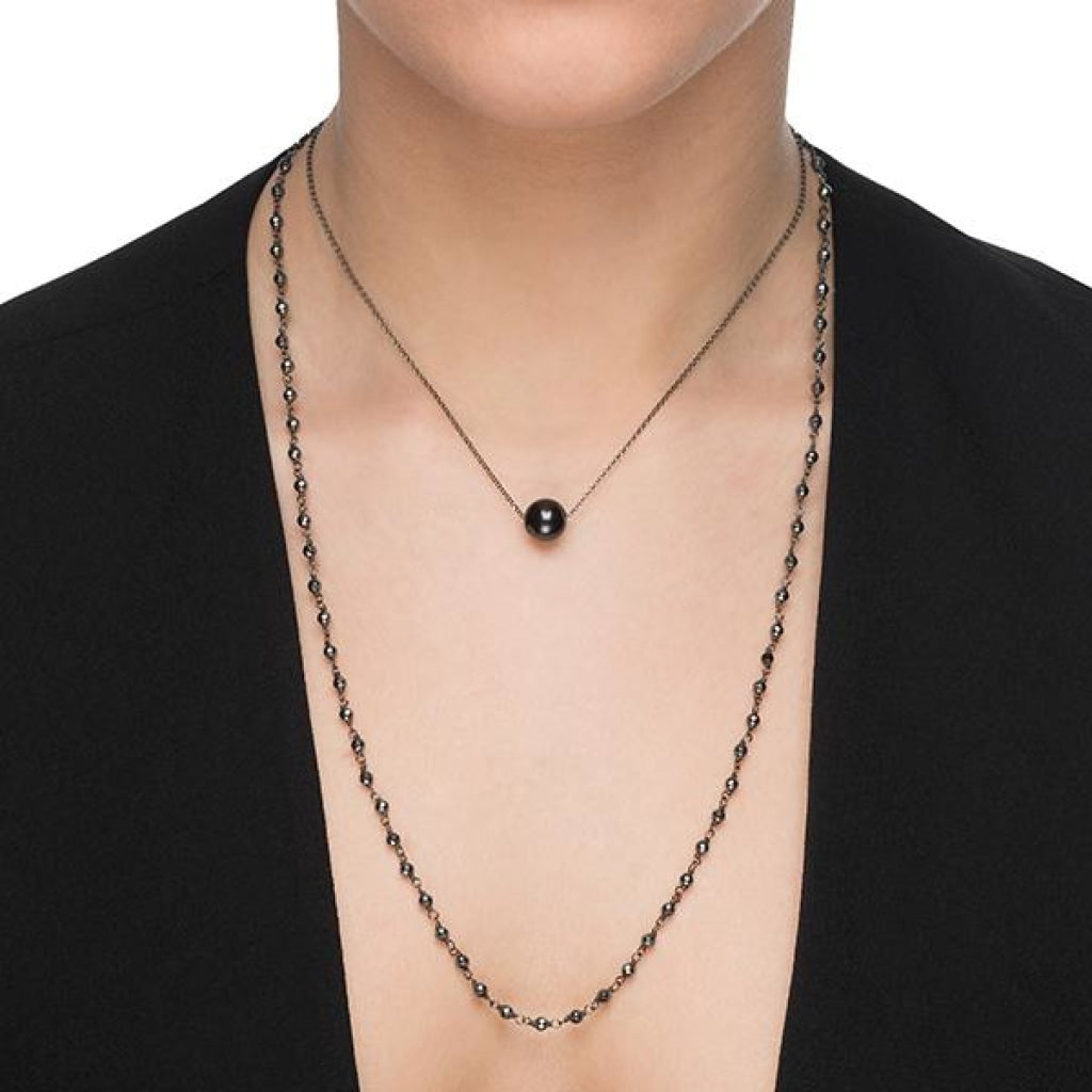 Solitaire Drop Double Necklace Black Pearl Hematite Black